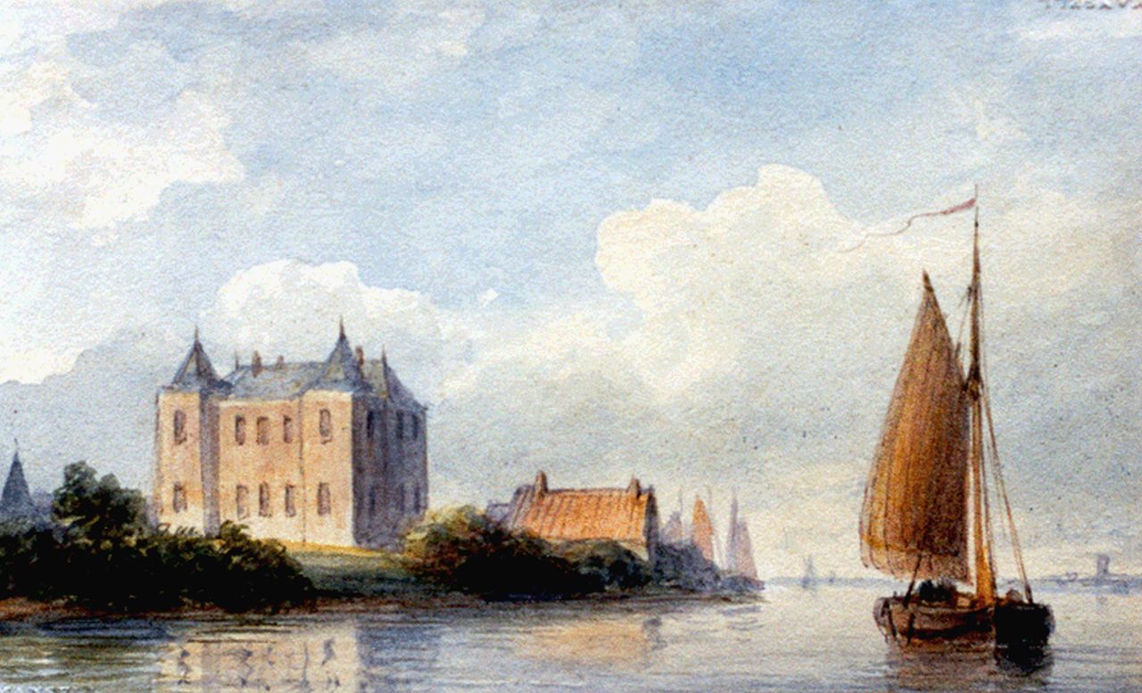 Kleijn L.J.  | Lodewijk Johannes Kleijn, A view of the river Merwede with Slot Loevestein in the distance, Aquarell auf Papier 6,3 x 10,3 cm