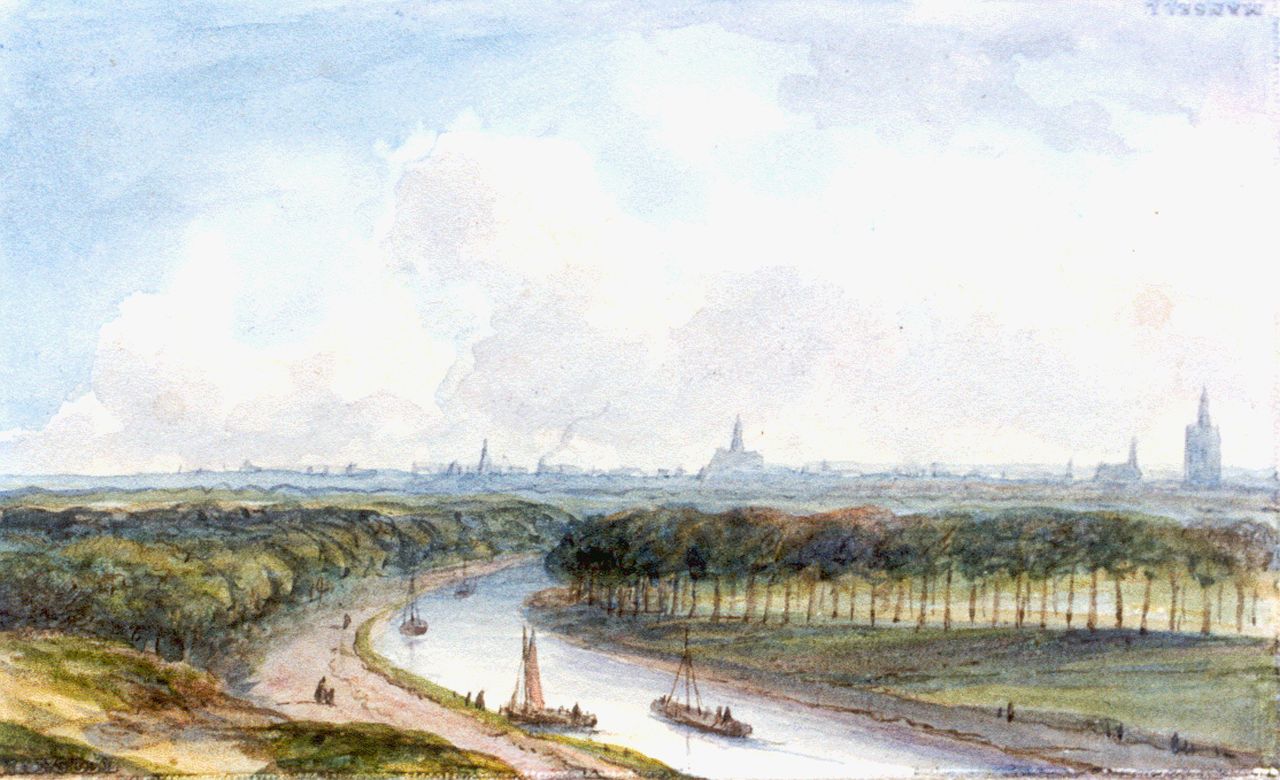 Kleijn L.J.  | Lodewijk Johannes Kleijn, A view of 'de Trekvliet', with the Hague in the distance, Aquarell auf Papier 6,5 x 10,5 cm