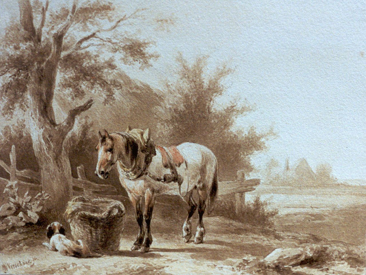 Verschuur W.  | Wouterus Verschuur, A horse and a dog in a landscape, Tinte auf Papier 13,7 x 18,0 cm, signed l.l.