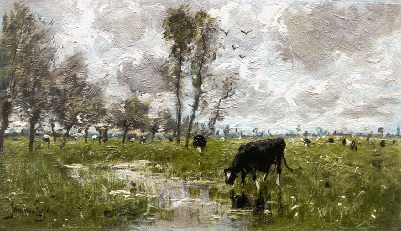 Essen J.C. van | Johannes Cornelis 'Jan' van Essen, A polder landscape with grazing cows, Öl auf Leinwand 17,3 x 29,0 cm, signed l.l.