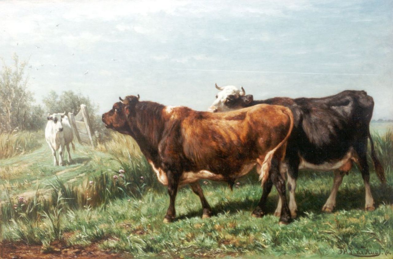 Haas J.H.L. de | Johannes Hubertus Leonardus de Haas, Cows in a Meadow, Öl auf Holz 36,8 x 55,1 cm, signed l.r. und l.r. and dated 1870 on the reverse