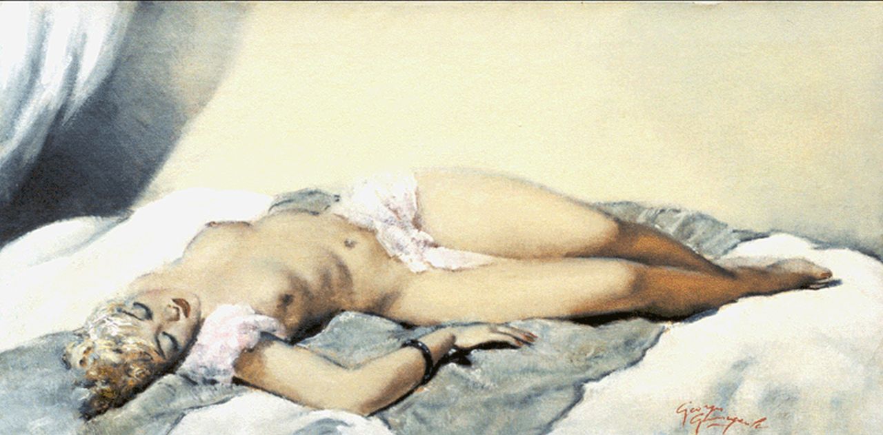 Georges Pierre Guinegault | Reclining nude, Öl auf Leinwand, 40,2 x 81,5 cm, signed l.r.