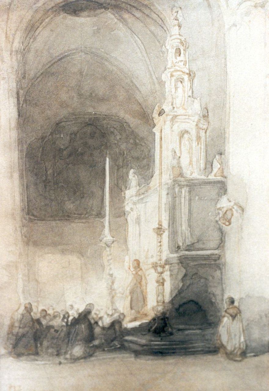 Bosboom J.  | Johannes Bosboom, At the church service, Aquarell auf Papier 14,5 x 10,5 cm, signed l.l.