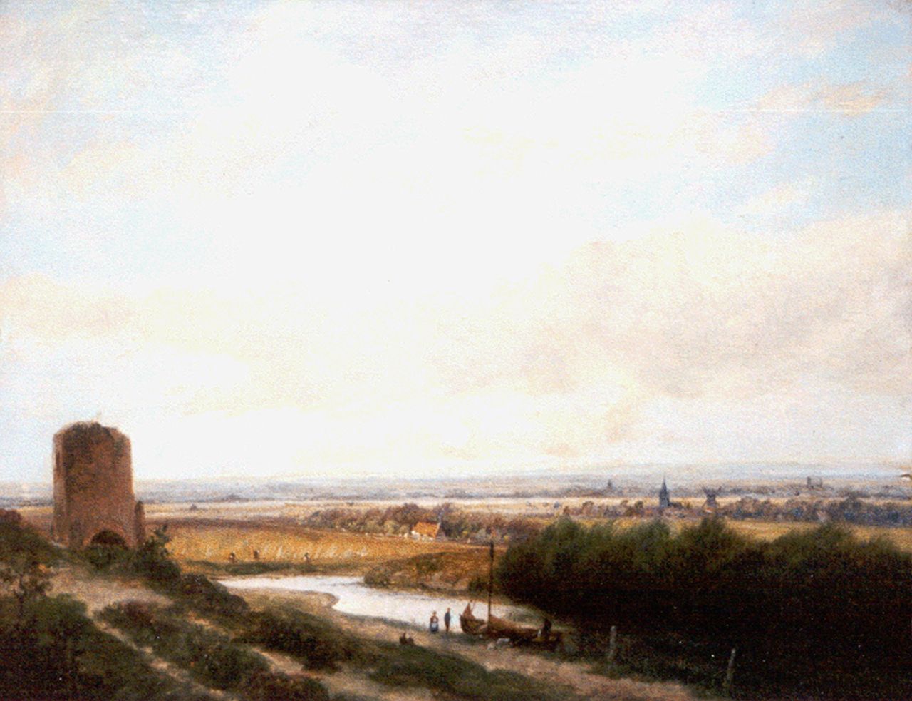 Morel II J.E.  | Jan Evert Morel II, A panoramic landscape with ruin, Öl auf Holz 24,4 x 31,3 cm, signed l.l.