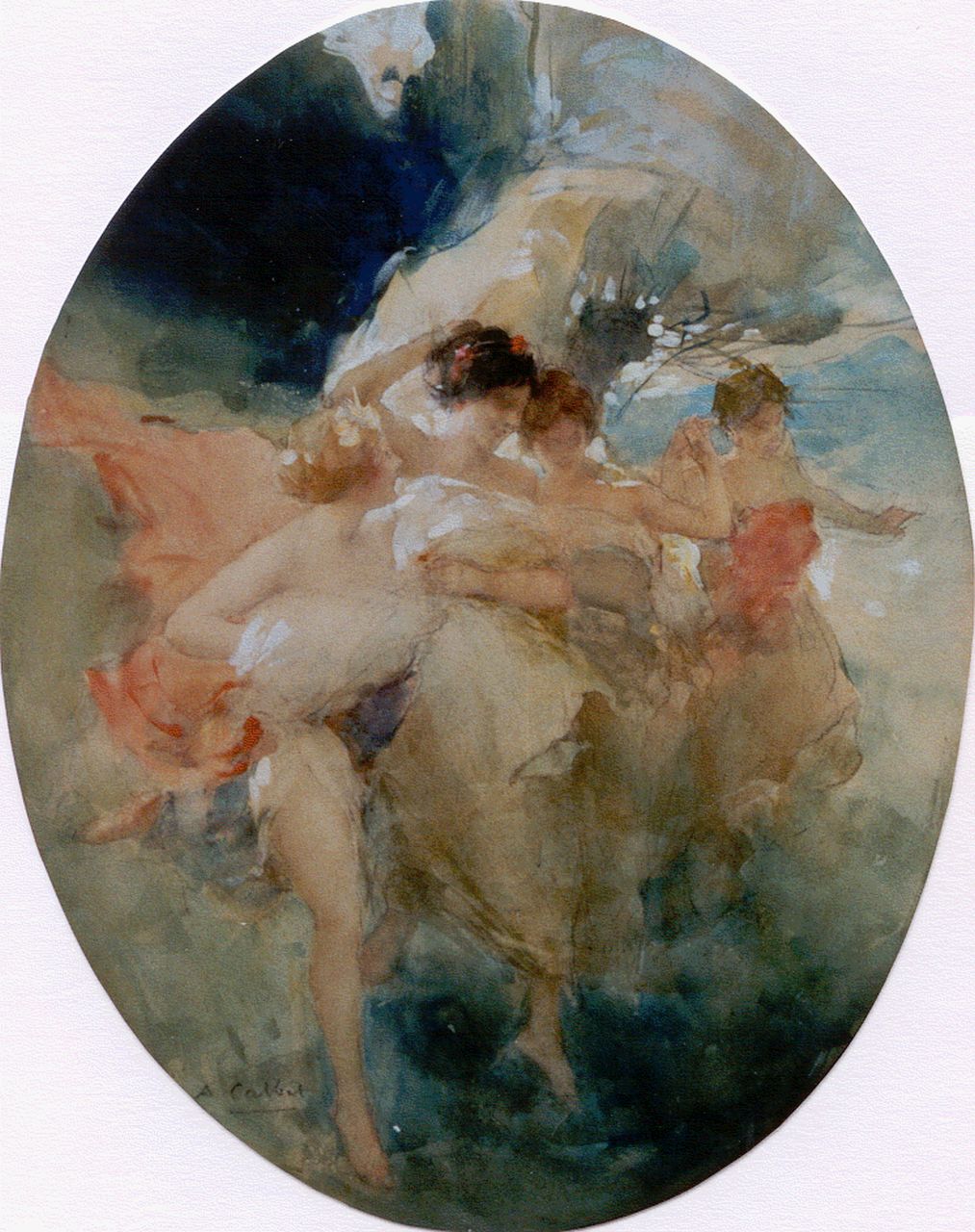 Calbet A.  | Antoine Calbet, Dancing nymphs, Kreide und Aquarell auf Papier 37,0 x 29,0 cm, signed l.l.