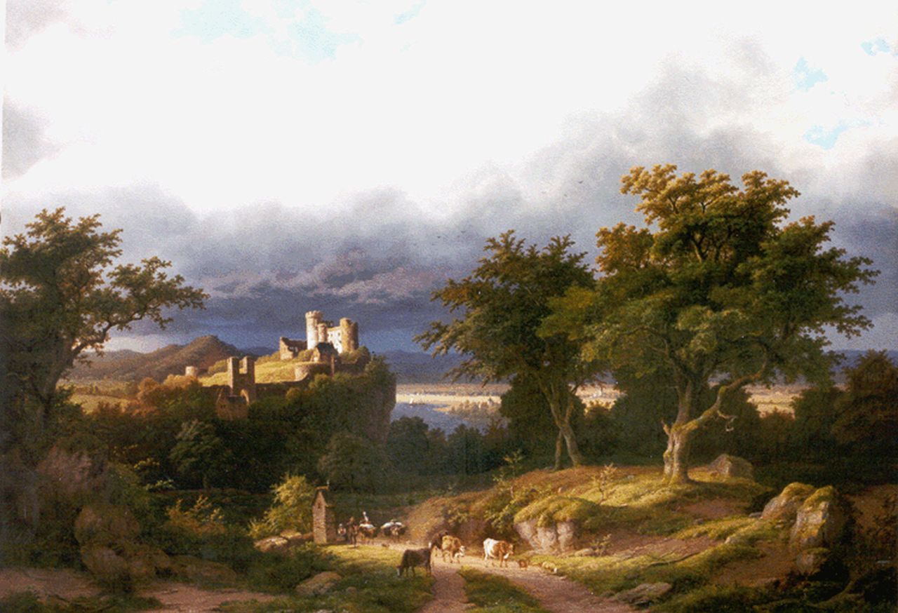 Bimmermann C.  | Caesar Bimmermann, A landscape with cattle on a path, a castle beyond, Öl auf Leinwand 91,5 x 129,0 cm, signed l.l.