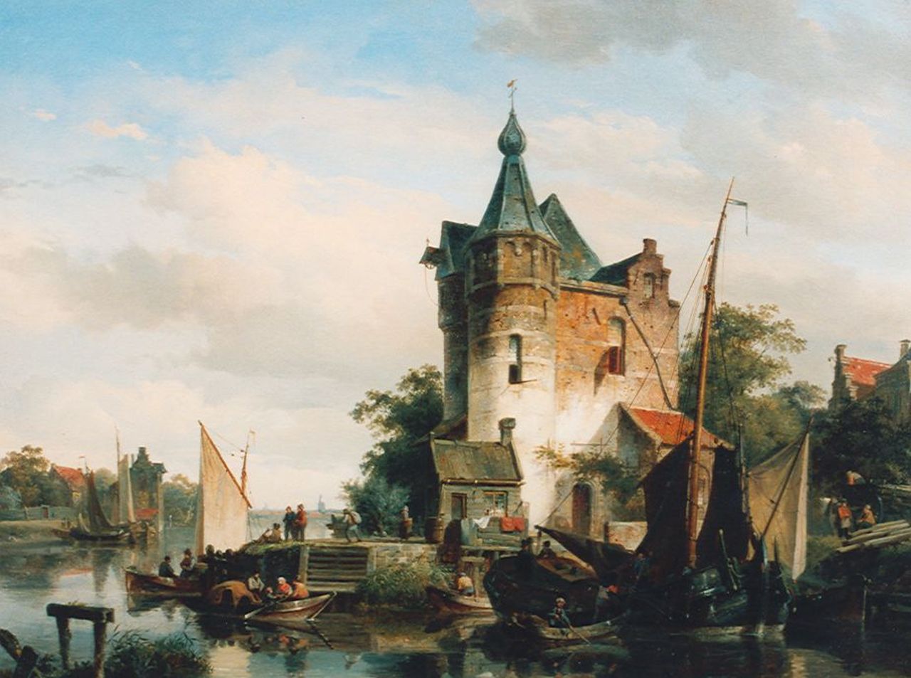 Springer C.  | Cornelis Springer, Moored flatboats by a harbour mouth, Öl auf Leinwand 59,0 x 78,0 cm, signed l.l. und dated '44
