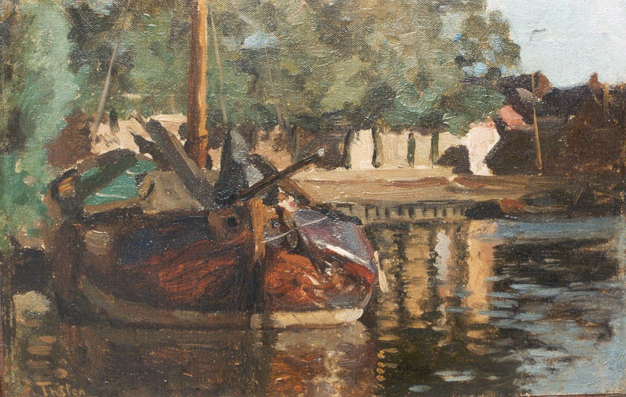 Tholen W.B.  | Willem Bastiaan Tholen, Moored boat, Öl auf Leinwand auf Holz 18,2 x 28,5 cm, signed l.l. und painted circa 1910