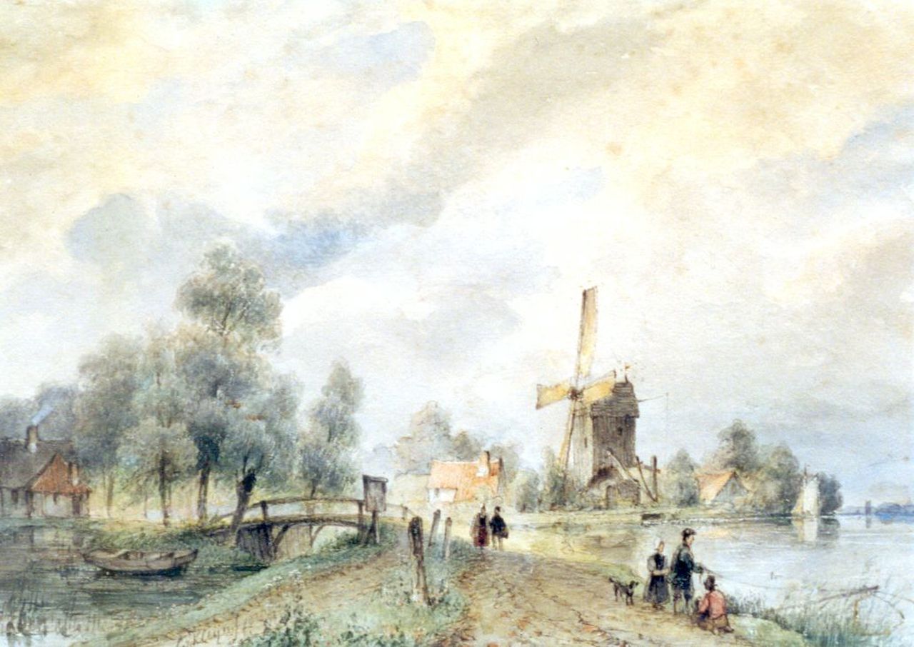 Kleijn L.J.  | Lodewijk Johannes Kleijn, A river landscape with a windmill, Aquarell auf Papier 20,7 x 29,4 cm, signed l.l. und dated 1836