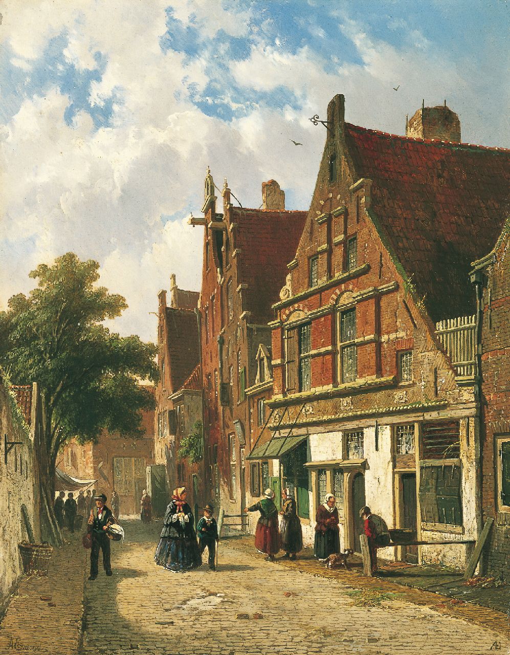 Eversen A.  | Adrianus Eversen, A Dutch street in summer, Öl auf Holz 34,5 x 27,0 cm, signed l.l. and l.r. with monogram