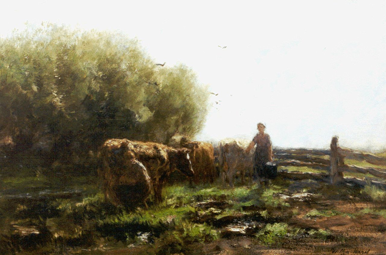 Maris W.  | Willem Maris, Milking the cows, Öl auf Leinwand 58,6 x 87,5 cm, signed l.r.