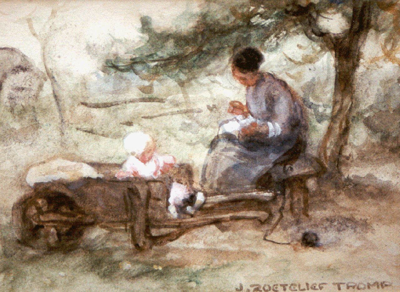 Zoetelief Tromp J.  | Johannes 'Jan' Zoetelief Tromp, Mother and child in the orchard, Aquarell auf Papier 14,0 x 19,5 cm, signed l.r.