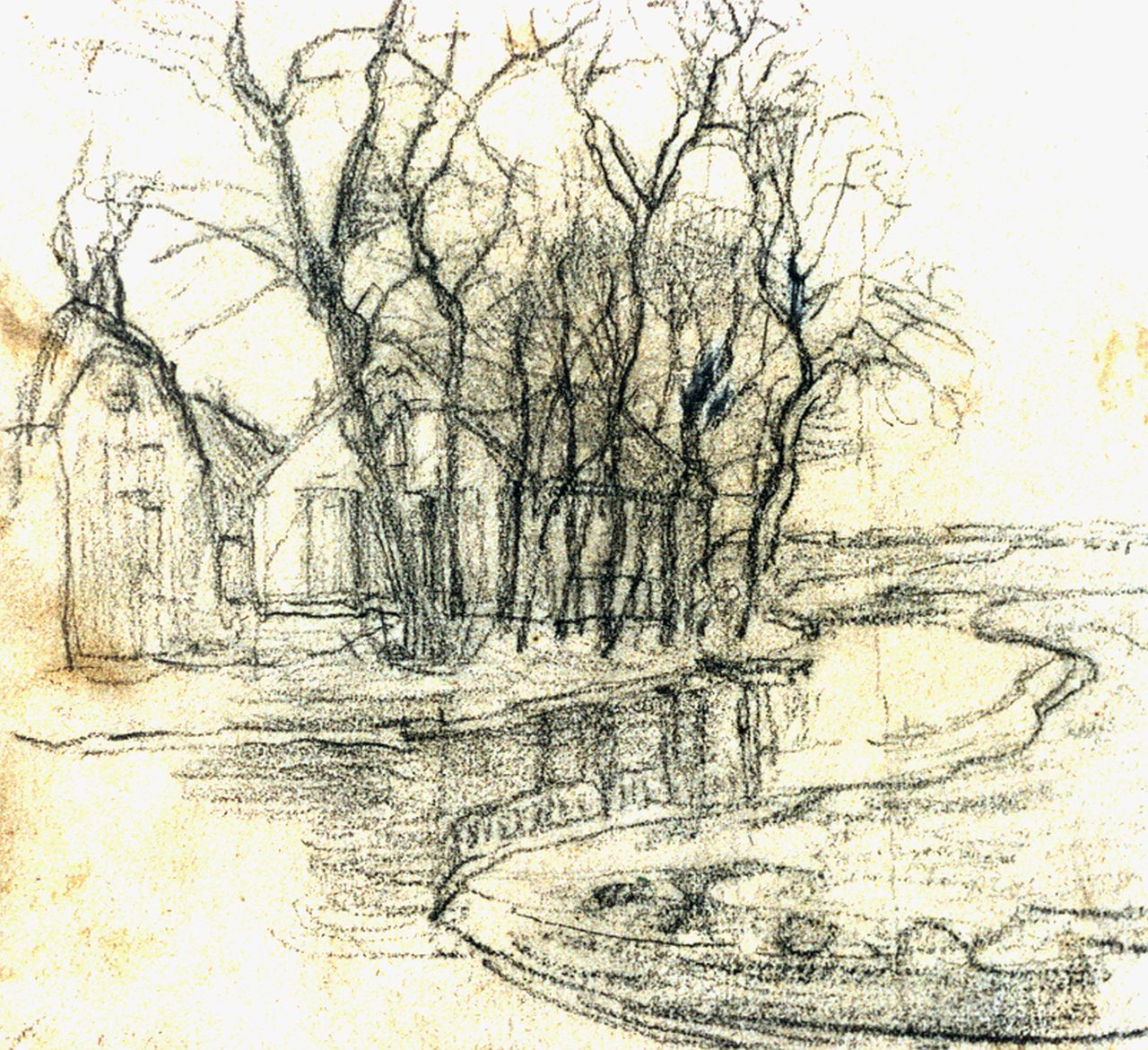 Mondriaan P.C.  | Pieter Cornelis 'Piet' Mondriaan, A farm near Duivendrecht, detailed examination of the right side, Schwarze Kreide auf Papier 13,6 x 15,0 cm, painted circa 1905