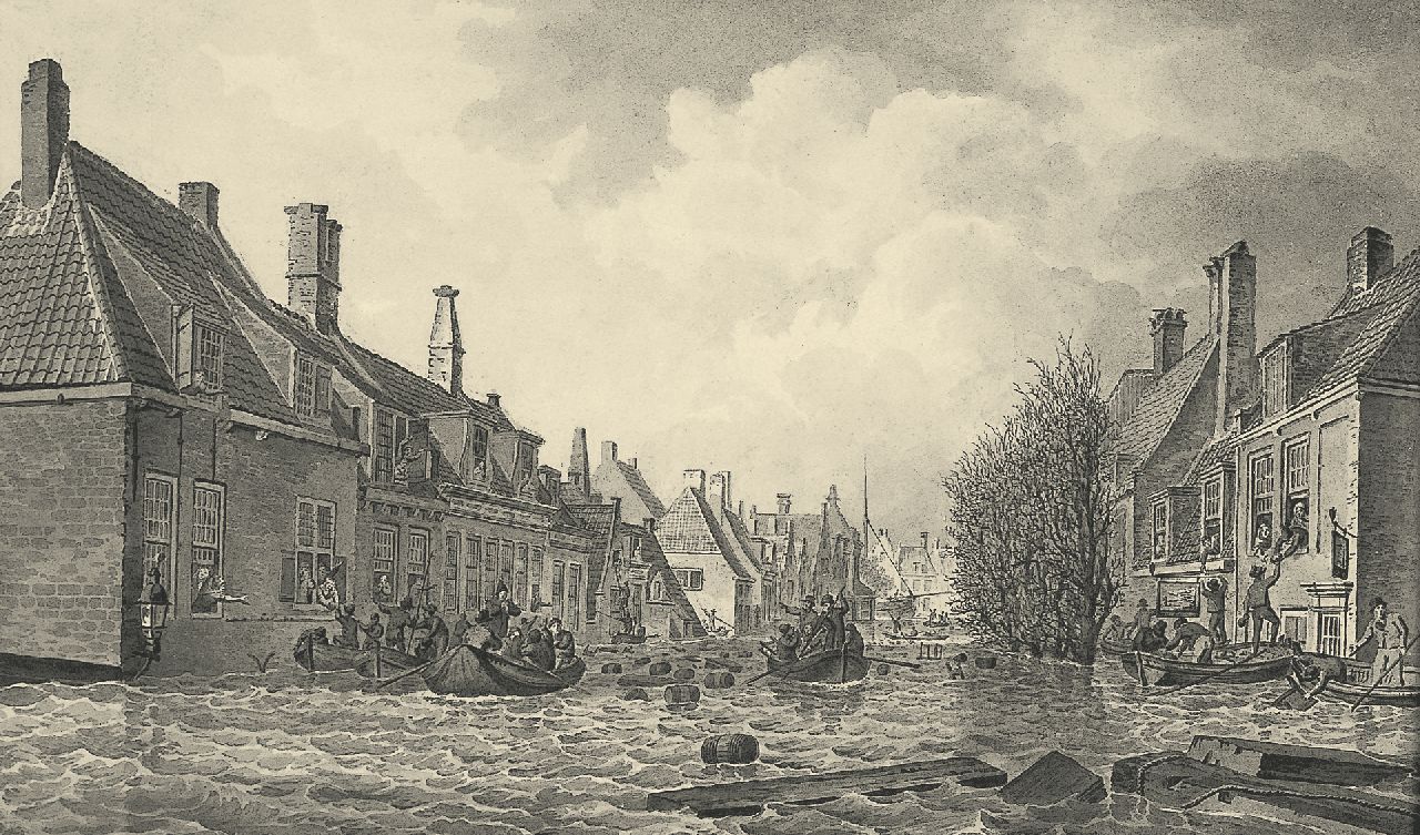 Koekkoek J.H.  | Johannes Hermanus Koekkoek, The Palingstreet in Vlissingen during the 1808 flood, Sepia auf Papier 15,5 x 25,5 cm