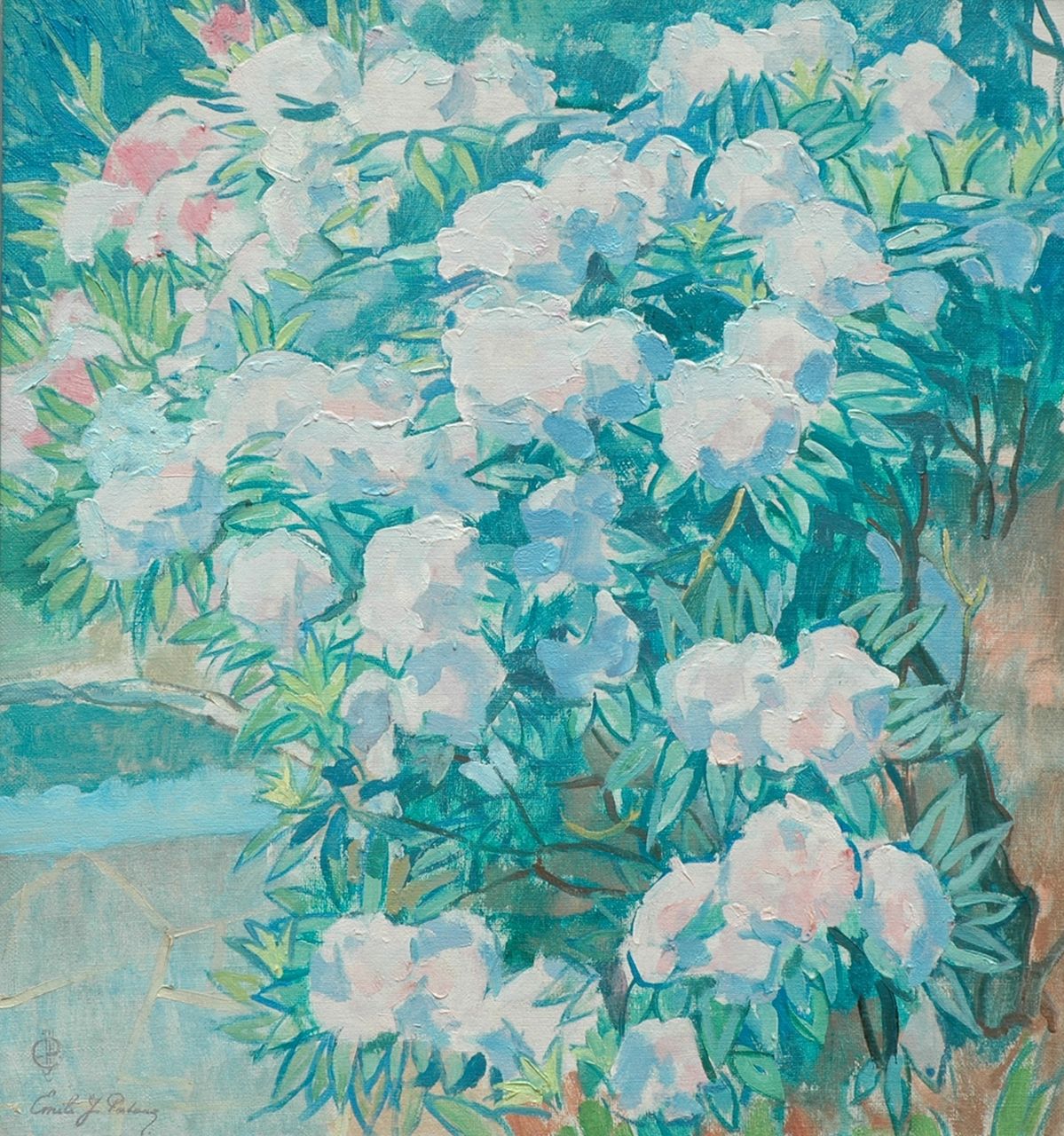 Patoux E.J.  | Emile Joseph Patoux, White Azalea japonica, Öl auf Leinwand 75,8 x 70,5 cm, signed l.l. with monogram and in full