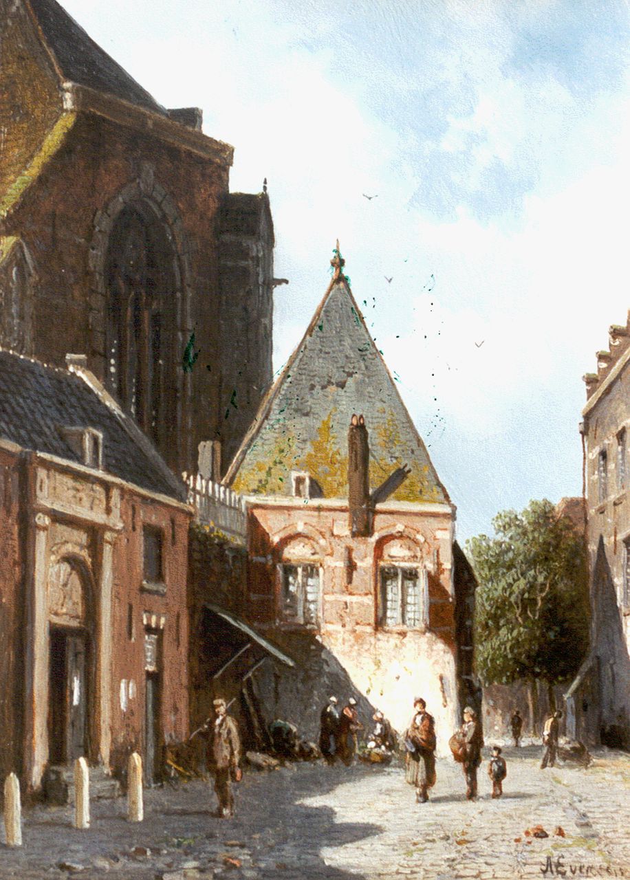 Eversen A.  | Adrianus Eversen, A town square in summer, Öl auf Holz 19,9 x 14,4 cm, signed l.r.
