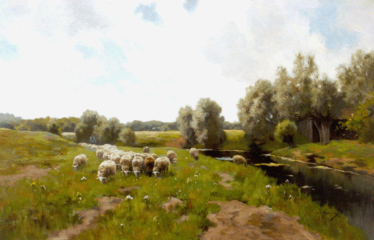 Steelink jr. W.  | Willem Steelink jr., A shepherd with his flock, Öl auf Leinwand 62,8 x 95,0 cm, signed l.r.