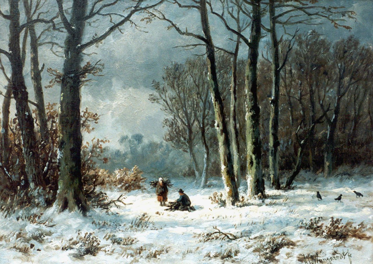 Wijngaerdt A.J. van | Anthonie Jacobus van Wijngaerdt, Wood gatherer in a winter landscape, Öl auf Holz 23,6 x 33,1 cm, signed signed l.r.