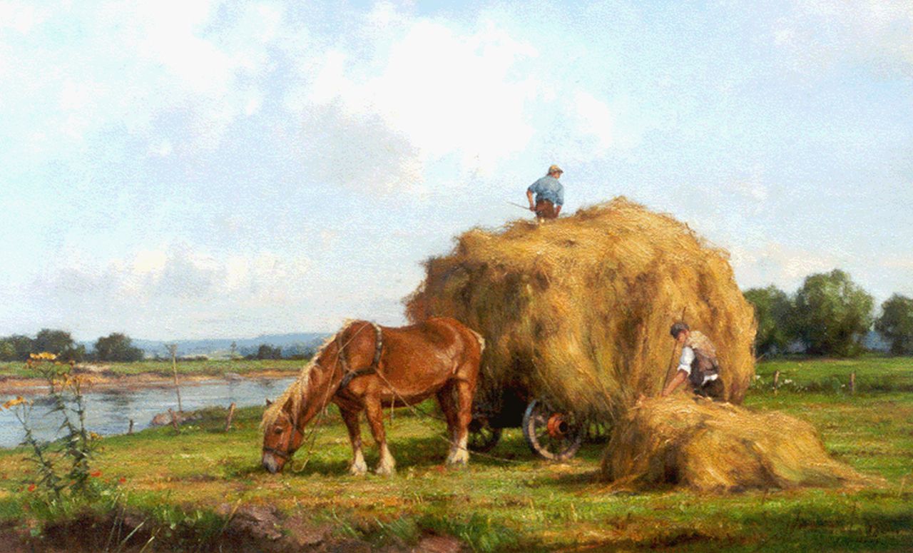 Holtrup J.  | Jan Holtrup, A haycart, with the river IJssel beyond, Öl auf Leinwand 50,0 x 80,3 cm, signed l.r.