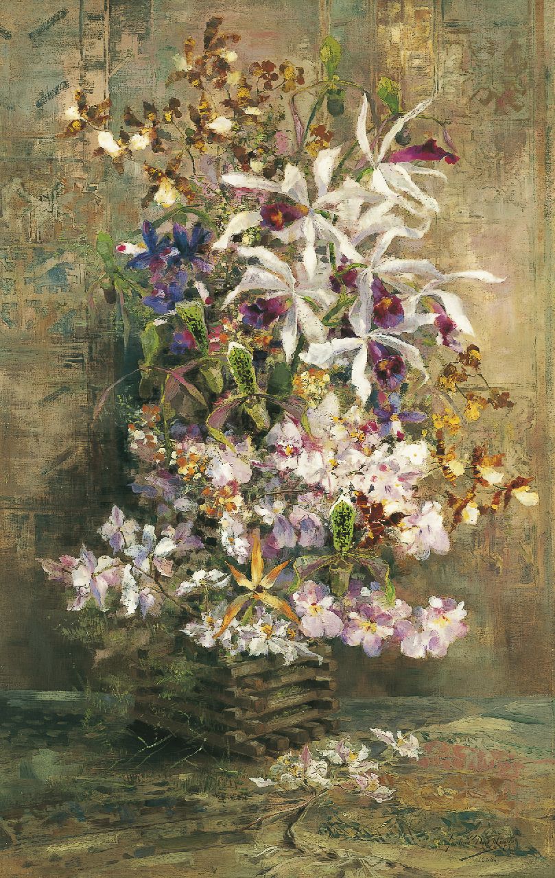 Duyts G. den | Gustave den Duyts, A still life with orchids, Öl auf Leinwand 108,7 x 68,3 cm, signed l.r. und dated 1888