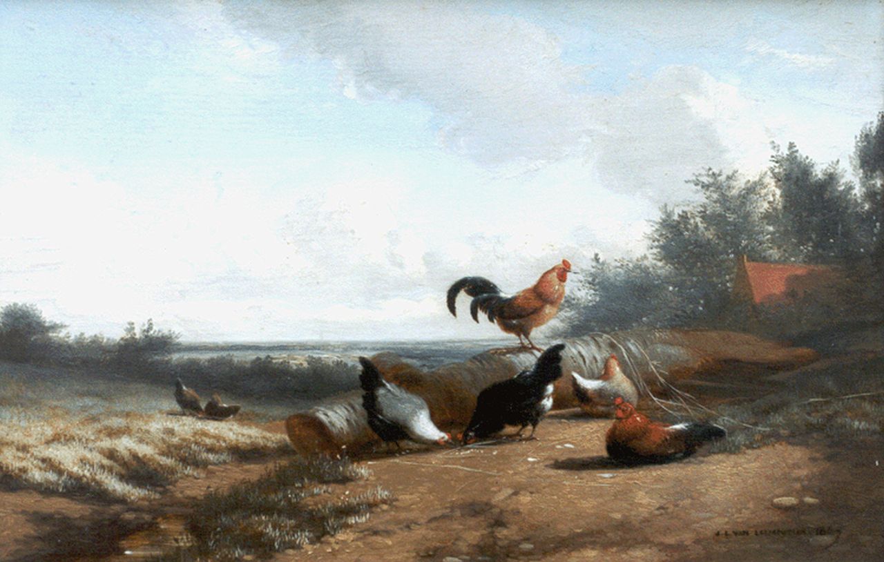 Leemputten J.L. van | Jean-Baptiste Leopold van Leemputten, Poultry in a landscape, 23,9 x 36,0 cm, signed l.r. und dated 1867