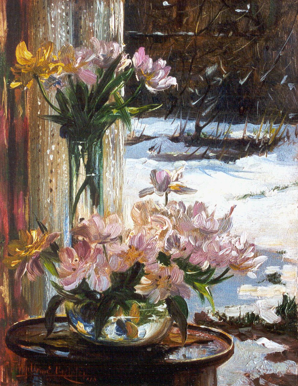 Roelofs jr. W.E.  | Willem Elisa Roelofs jr., A flower still life, Öl auf Malereifaser 24,0 x 18,5 cm, signed l.l. und dated '16