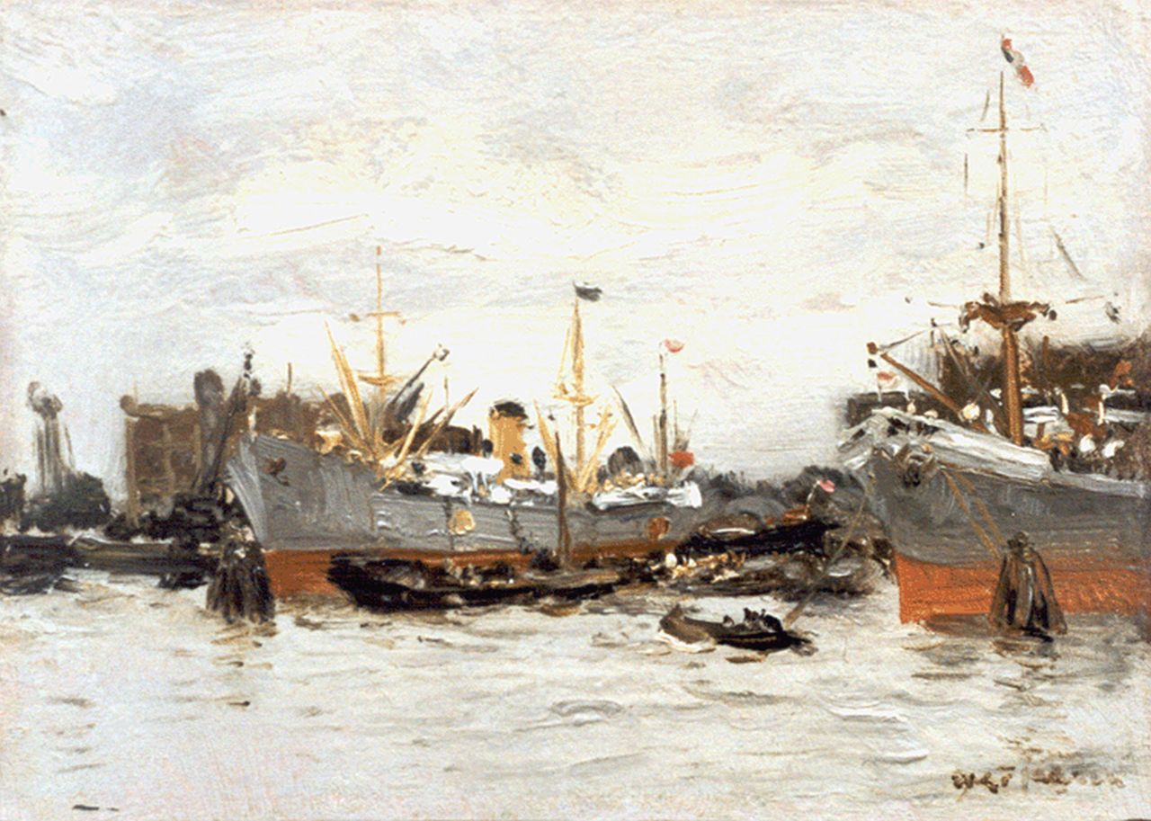 Jansen W.G.F.  | 'Willem' George Frederik Jansen, Daily activities in the Rotterdam harbour, Öl auf Holz 15,0 x 21,0 cm, signed l.r.