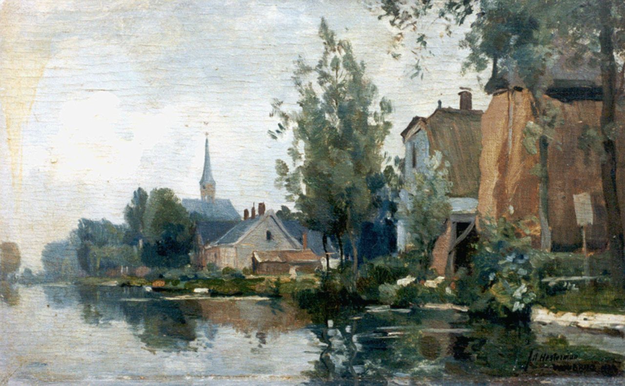 Hesterman jr. J.A.  | Johannes Albertus Hesterman jr., View of Woubrugge, Öl auf Holz 21,1 x 32,0 cm, signed l.r. and on the reverse und dated 1922