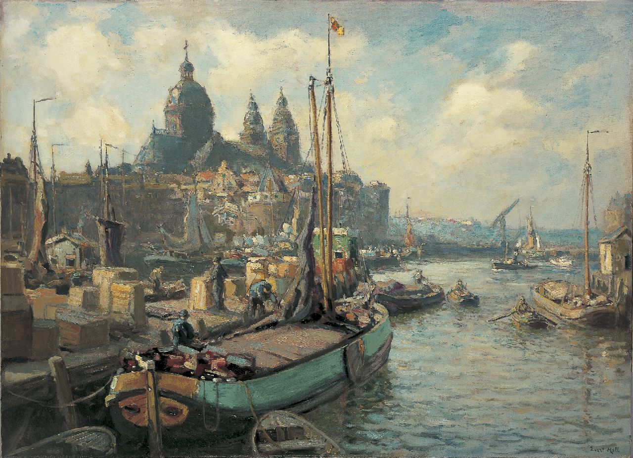 Moll E.  | Evert Moll, Moored boats, with the St.-Nikolaaskerk and the Scheierstoren beyond, Amsterdam, Öl auf Leinwand 80,3 x 110,6 cm, signed l.r.