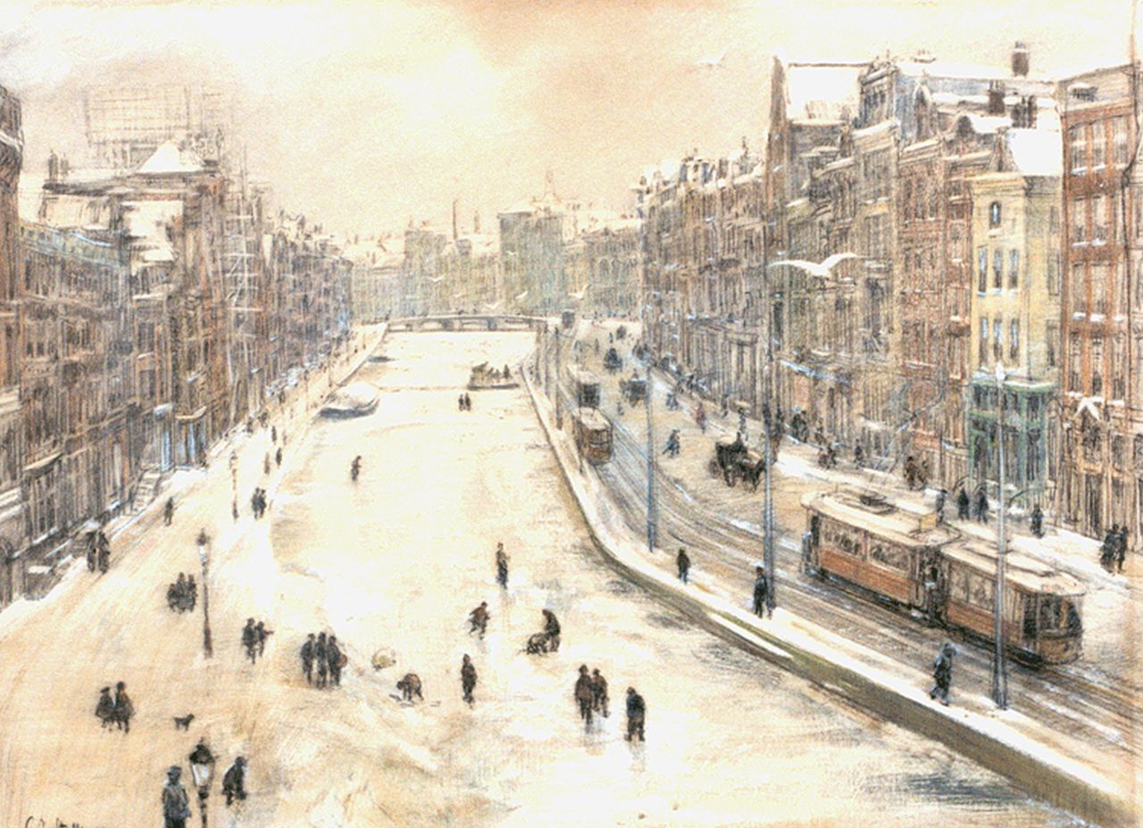 Staller G.J.  | Gerard Johan Staller, Skaters on the Rokin, Amsterdam 1906, Holzkohle und Kreide auf Papier 48,0 x 65,0 cm, signed l.l. and on the reverse und dated 1906