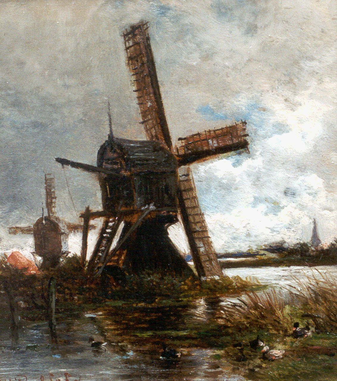 Roelofs W.  | Willem Roelofs, Smockmills along a canal, Öl auf Holz 14,5 x 12,9 cm, signed l.l. und dated '56