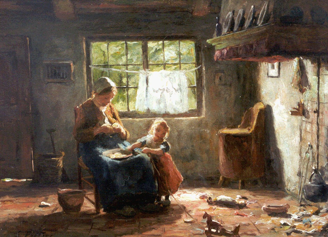 Pieters E.  | Evert Pieters, Interior with mother and child, Öl auf Holz 26,6 x 36,0 cm, signed l.l.