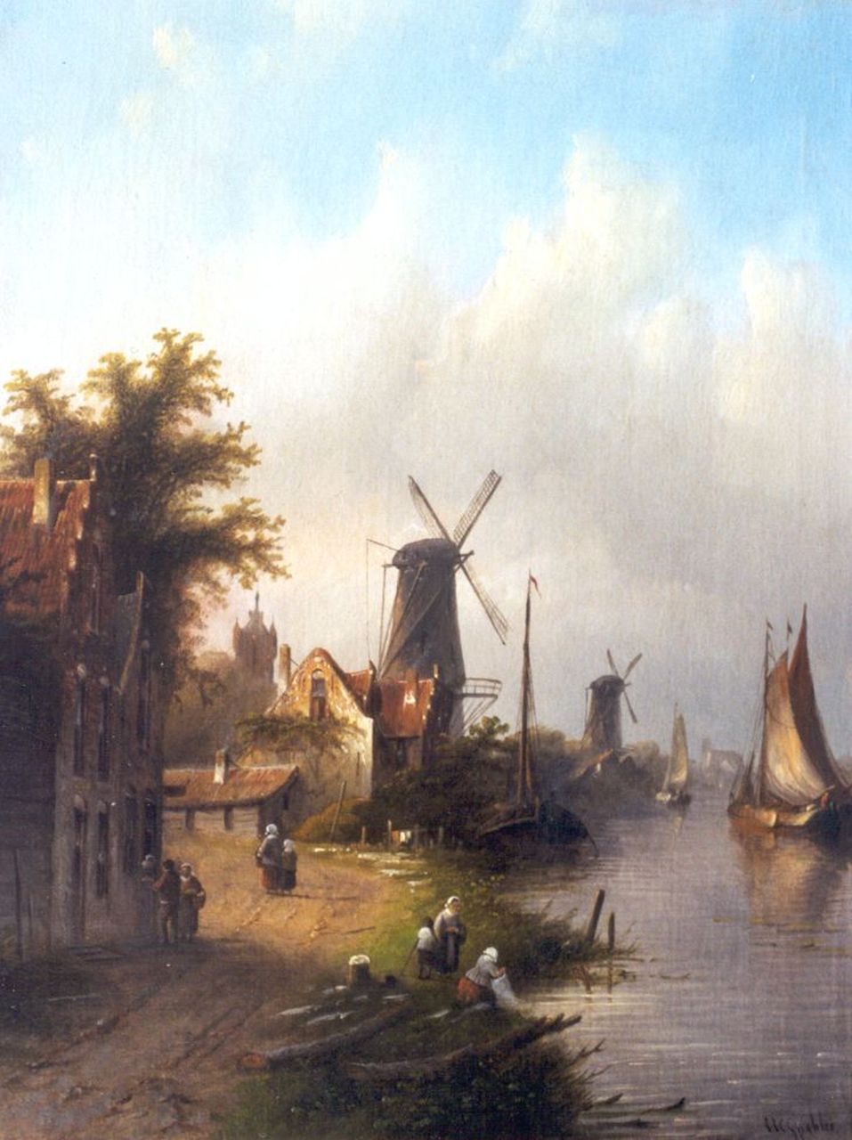 Spohler J.J.C.  | Jacob Jan Coenraad Spohler, A river landscape with moored boats, Öl auf Leinwand 44,8 x 35,0 cm, signed l.r.