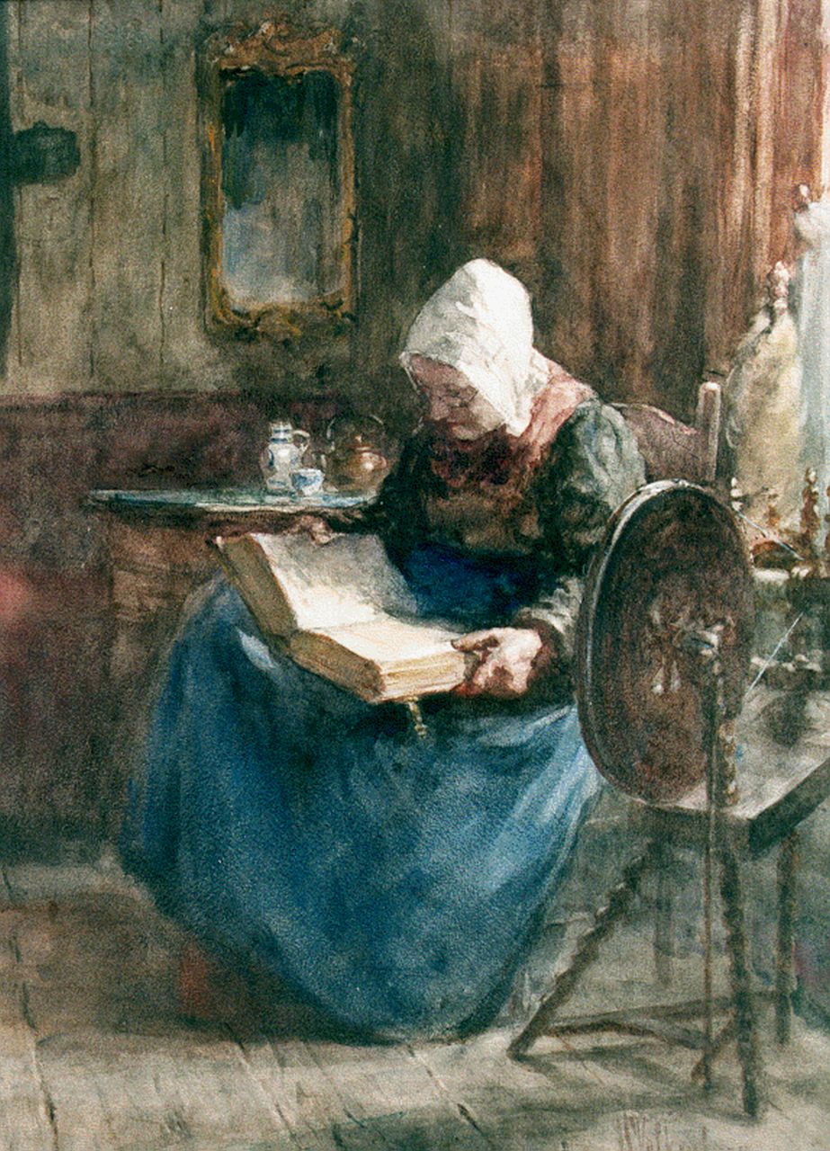 Valkenburg H.  | Hendrik Valkenburg, Reading the bible, Aquarell auf Papier 53,0 x 40,0 cm, signed l.r.