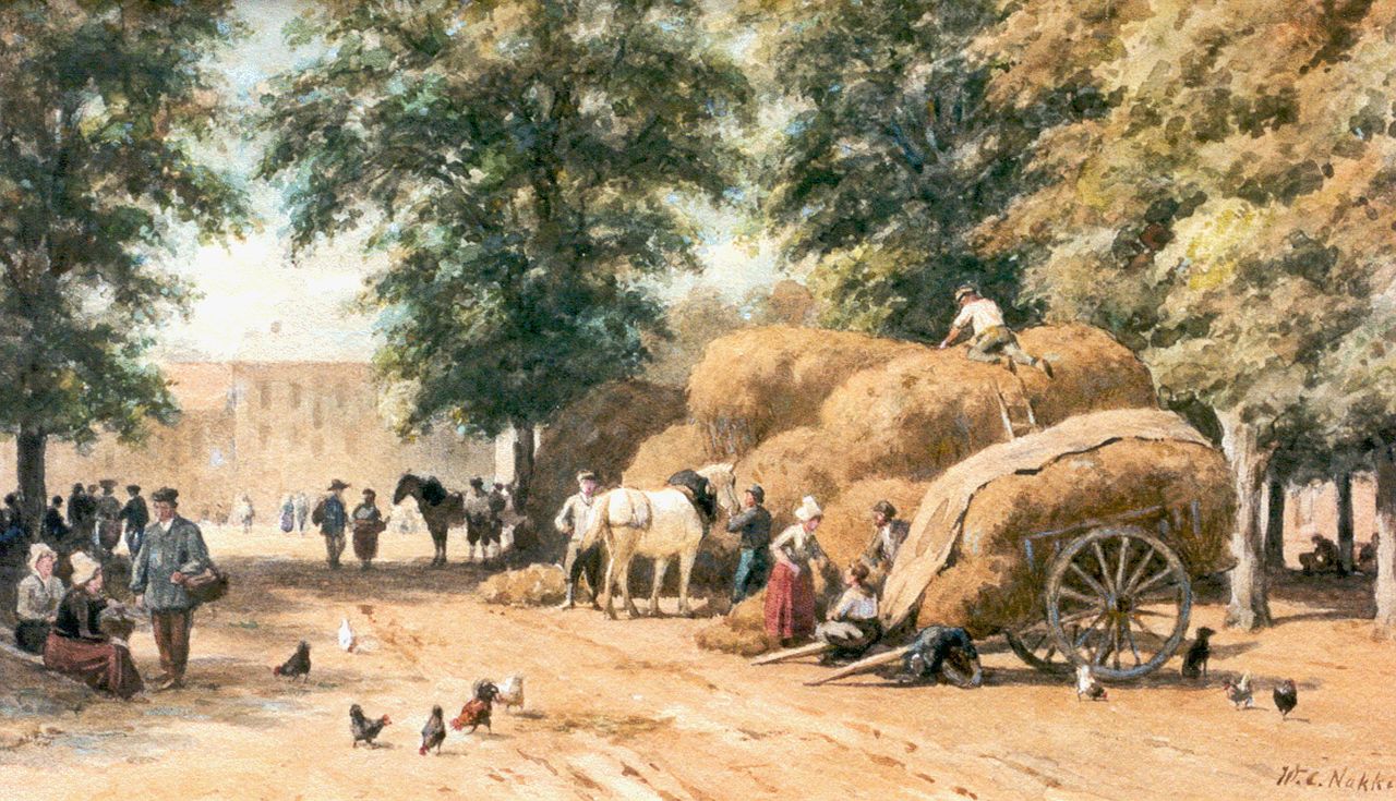 Nakken W.K.  | Willem Karel 'W.C.' Nakken, A market with haycarts, Aquarell auf Papier 31,8 x 53,4 cm, signed l.r.