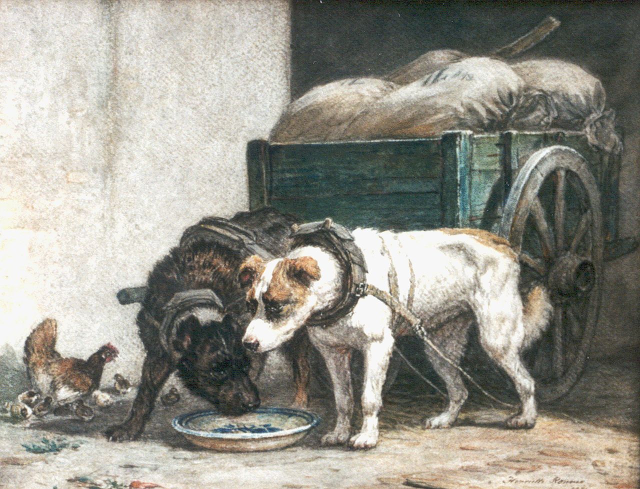 Ronner-Knip H.  | Henriette Ronner-Knip, Draft dogs eating, Aquarell auf Papier 35,0 x 44,5 cm, signed l.r. und dated 1871