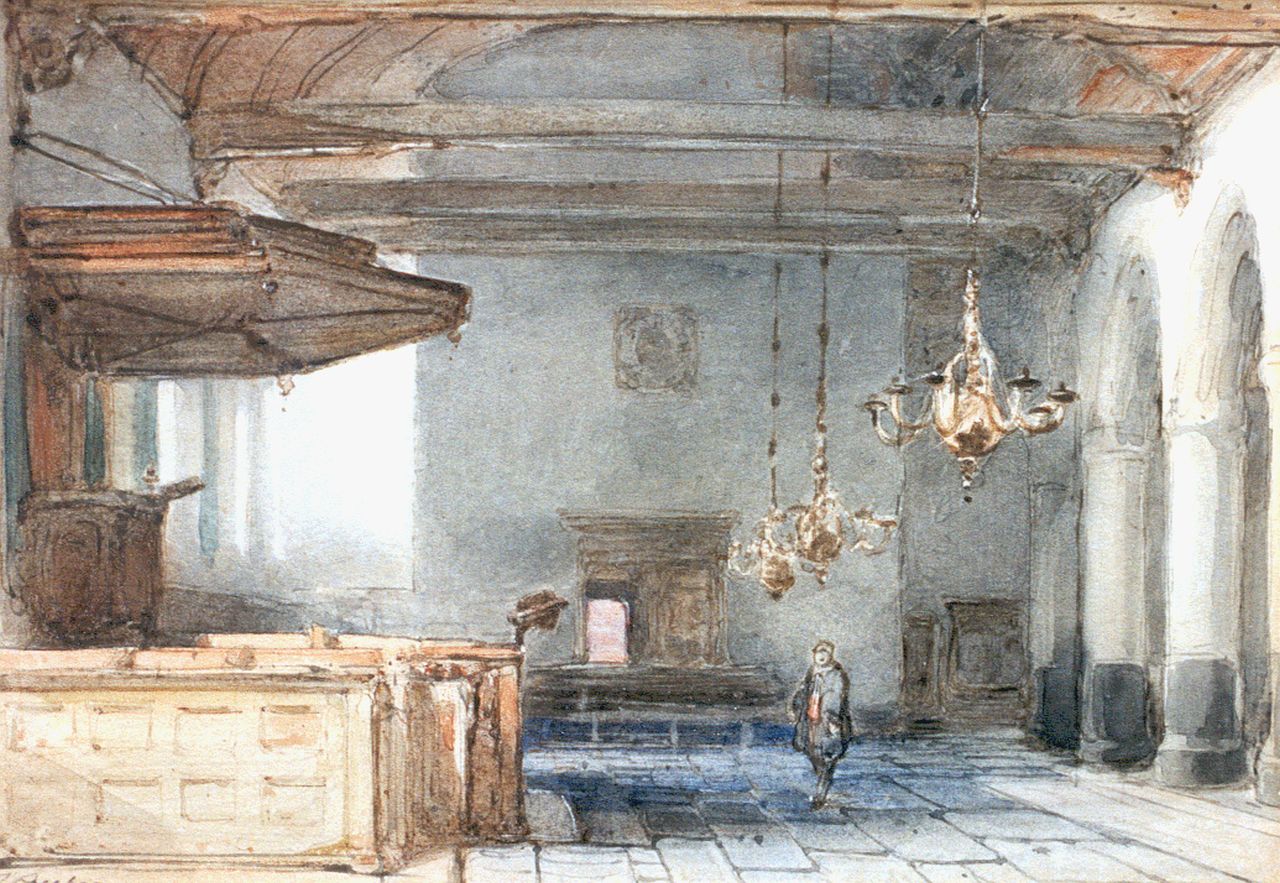 Bosboom J.  | Johannes Bosboom, Aisle of Bakenessekerk, Haarlem, Aquarell auf Papier 15,0 x 20,5 cm, signed l.l.