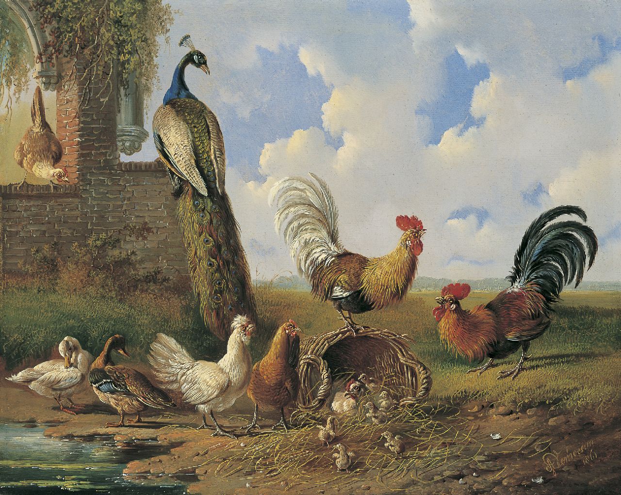 Verhoesen A.  | Albertus Verhoesen, Poultry and a peacock near a ruin, Öl auf Holz 30,4 x 38,3 cm, signed l.r. und dated 1861
