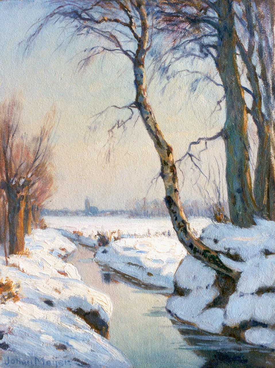 Meijer J.  | Johannes 'Johan' Meijer, A snow-covered landscape, Öl auf Holz 32,2 x 24,1 cm, signed l.l. and on the reverse