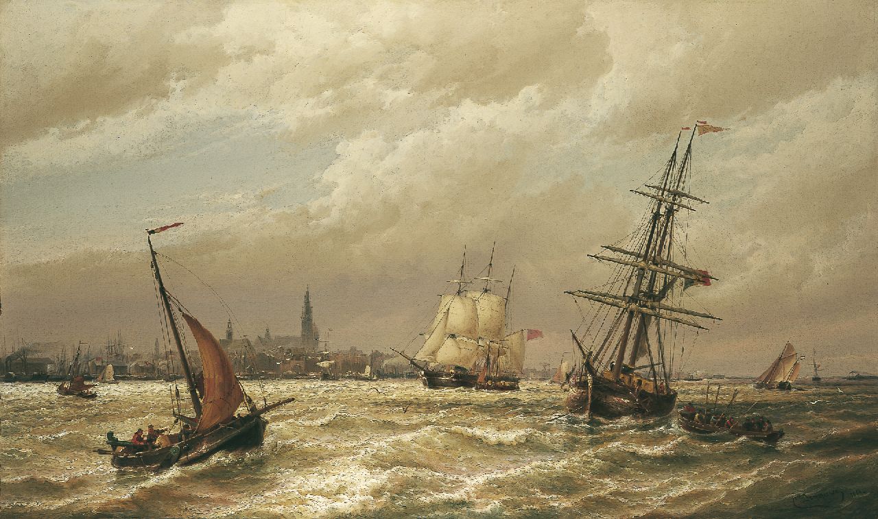 Dommelshuizen C.C.  | Cornelis Christiaan Dommelshuizen, Shipping on the Schelde, Antwerpen in the distance, Öl auf Leinwand 76,2 x 127,3 cm, signed l.r. 'C. Dommersen' und dated 1880