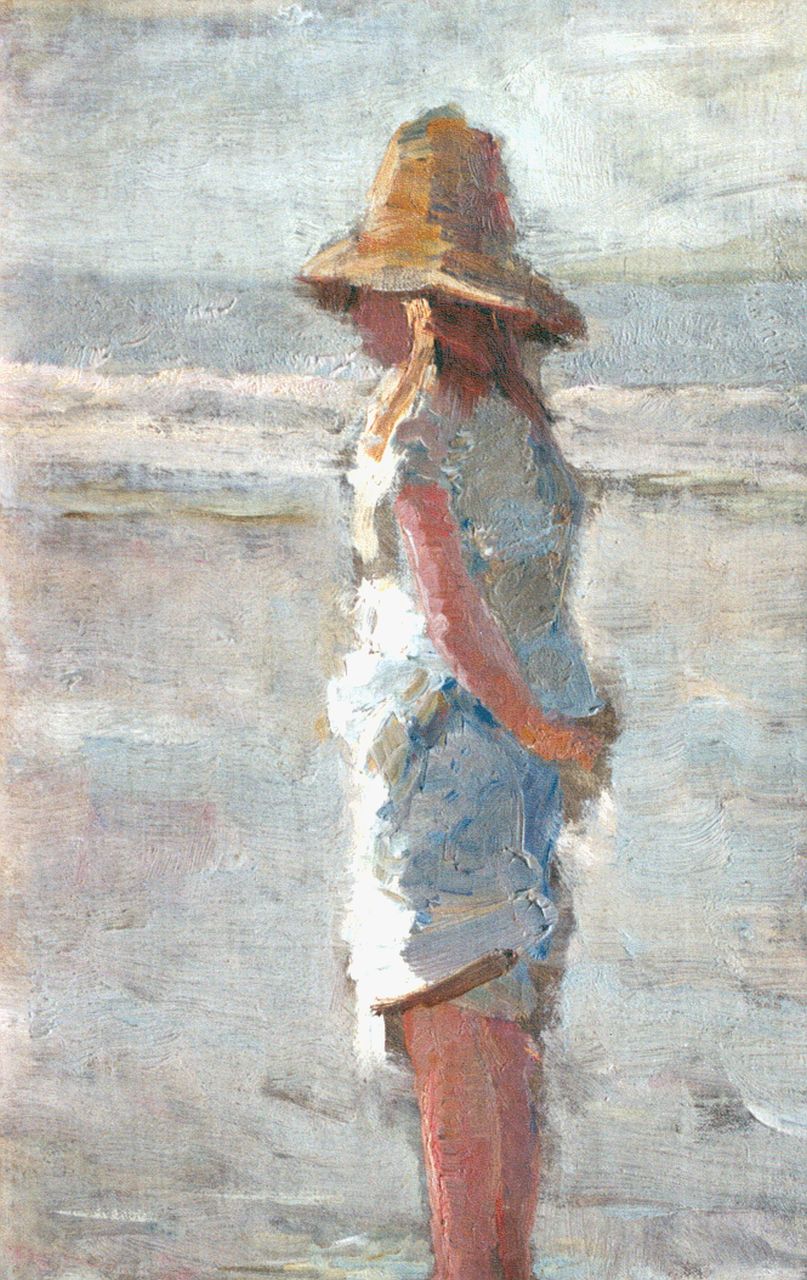 Maarel M. van der | Marinus van der Maarel, A girl on the beach, Öl auf Leinwand  auf Holzfaser 31,3 x 21,6 cm
