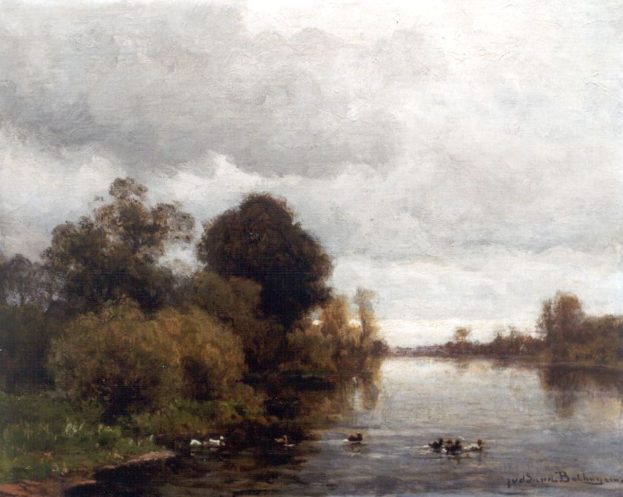 Sande Bakhuyzen J.J. van de | Julius Jacobus van de Sande Bakhuyzen, A river landscape, Öl auf Leinwand auf Holz 37,2 x 45,2 cm, signed l.r.