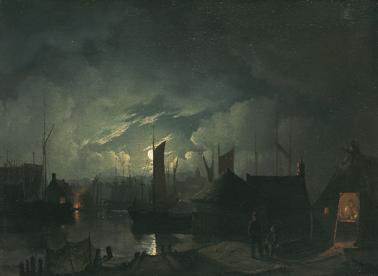 Cate H.G. ten | Hendrik Gerrit ten Cate, A moonlit harbour view, Öl auf Leinwand 29,9 x 40,7 cm, signed l.l.