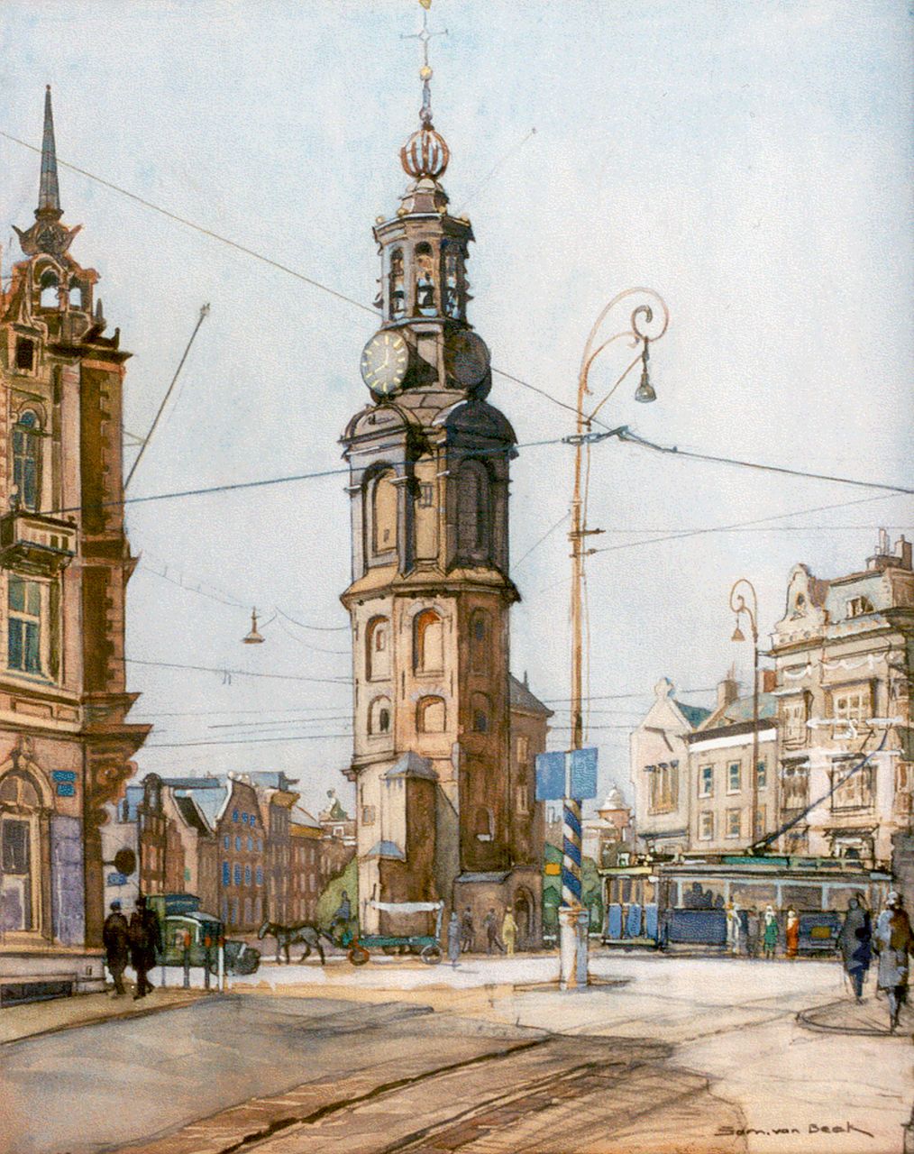 Beek S.J. van | Samuel Joseph 'Sam' van Beek, A view of the 'Munttoren, Amsterdam, Bleistift und Aquarell auf Holzfaser 43,0 x 34,4 cm, signed l.r. und datiert aug. '43