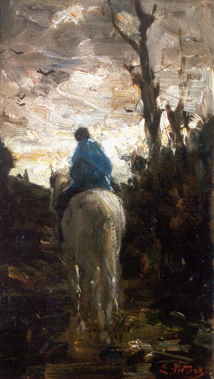 Pieters E.  | Evert Pieters, Trekpaard met ruiter op weg naar huis, Öl auf Holz 32,1 x 19,4 cm, gesigneerd rechtsonder