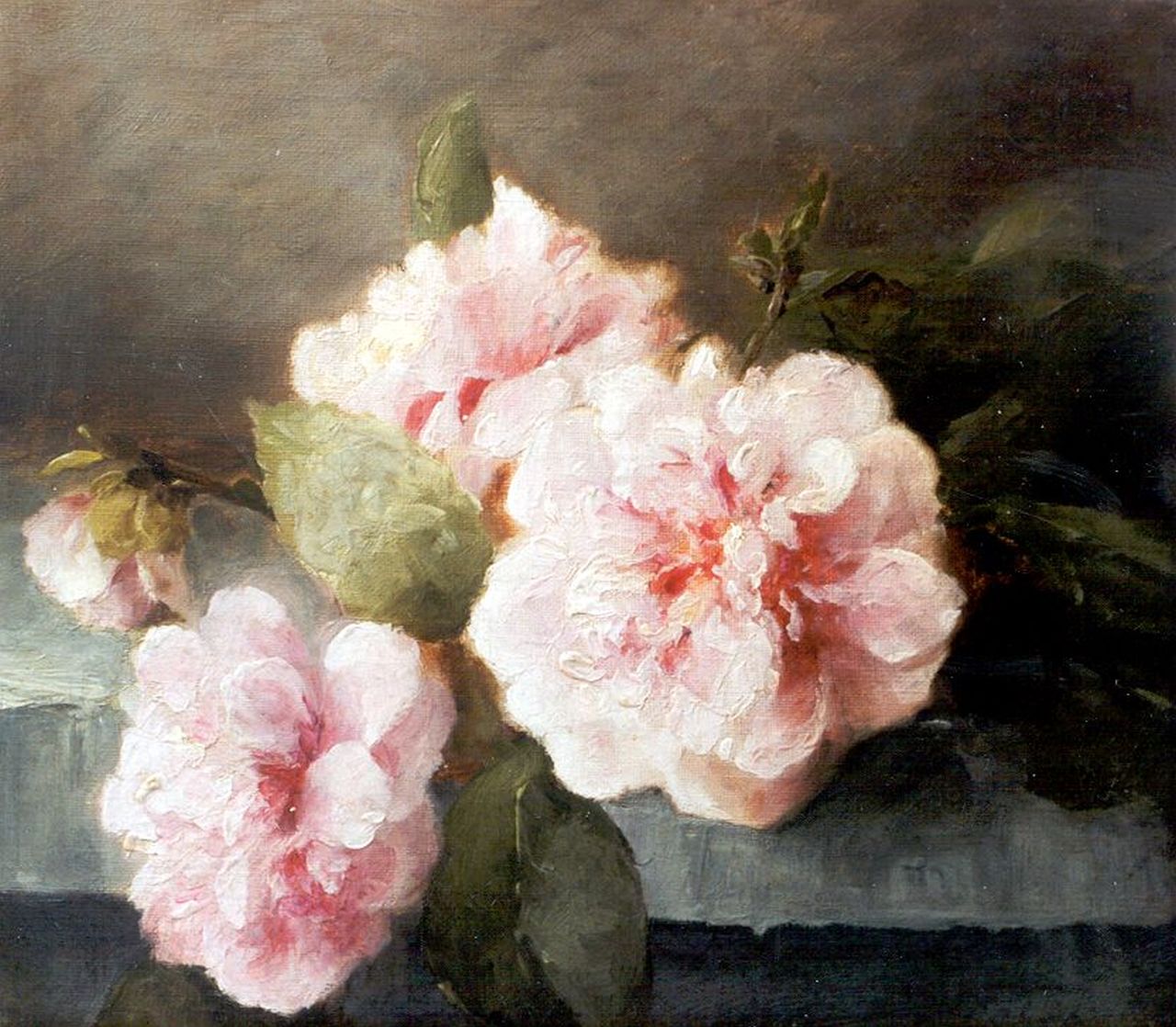 Breuer-Wikman F.  | Frederika Breuer-Wikman, Pink roses on a stone ledge, Öl auf Leinwand 24,0 x 27,3 cm