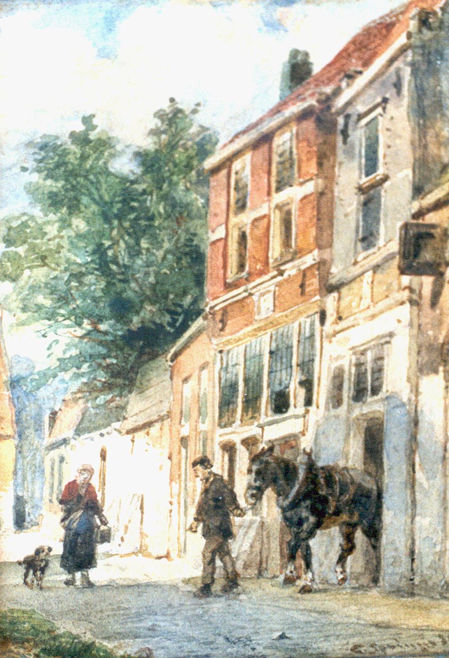 Springer C.  | Cornelis Springer, A sunlit street, Culemborg, Aquarell auf Papier 14,9 x 11,3 cm, signed l.r. und dated '89