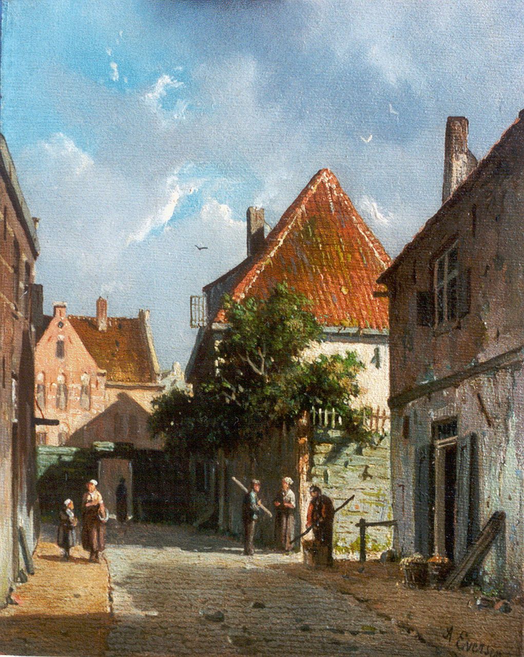 Eversen A.  | Adrianus Eversen, A sunlit street, Öl auf Holz 18,9 x 15,1 cm, signed l.r. and on a label on the reverse