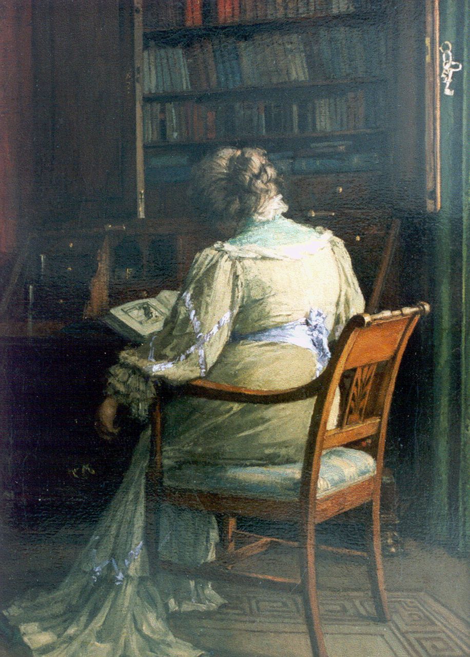 Bogaerts J.J.M.  | Johannes Jacobus Maria 'Jan' Bogaerts, A lady reading in a library, Öl auf Leinwand 45,4 x 32,6 cm, signed l.r. und dated 1907