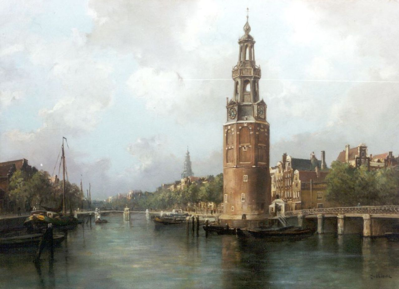 Linde J. van der | Jan van der Linde, View of the Oudeschans, with the Montelbaanstoren beyond, Amsterdam, Öl auf Leinwand 80,9 x 110,5 cm, signed l.r.